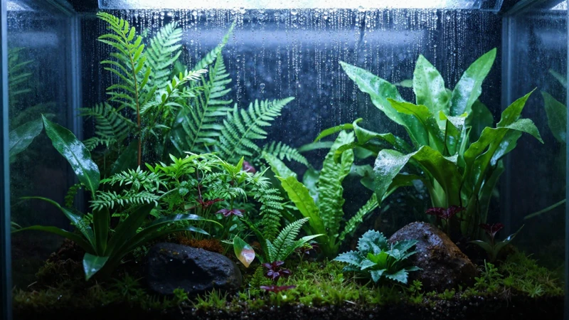 Terrario húmedo con luz azul y verde