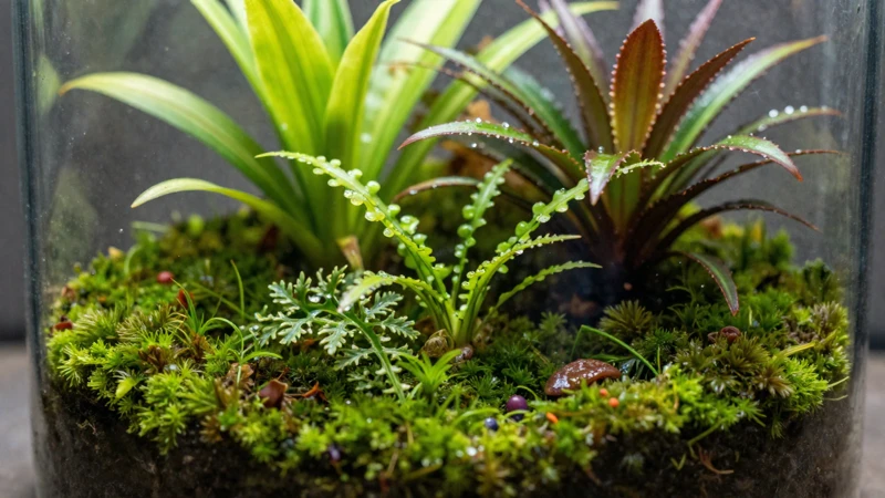 Terrario tropical con plantas y luz suave