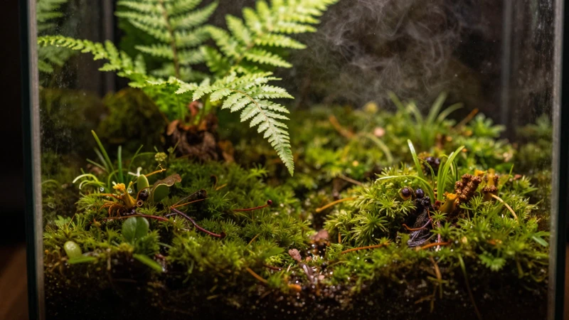 Terrario verde con luz cálida y detalle