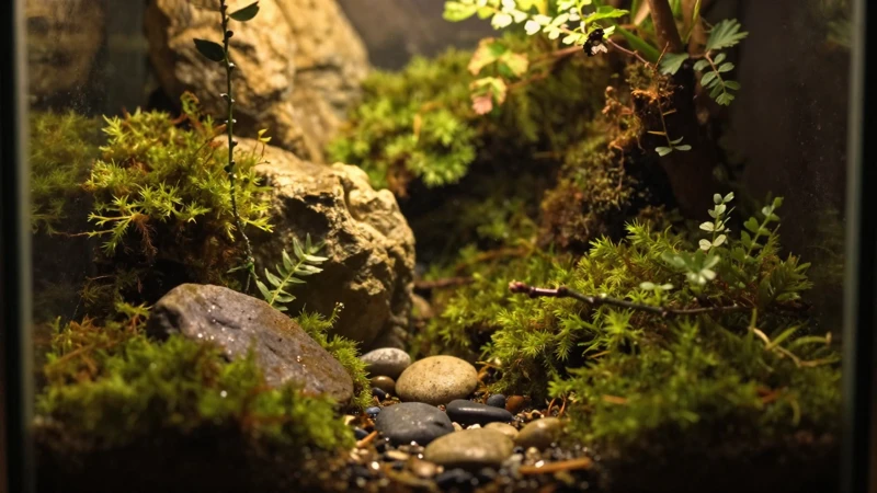 Terrario detallado, cálido y acogedor