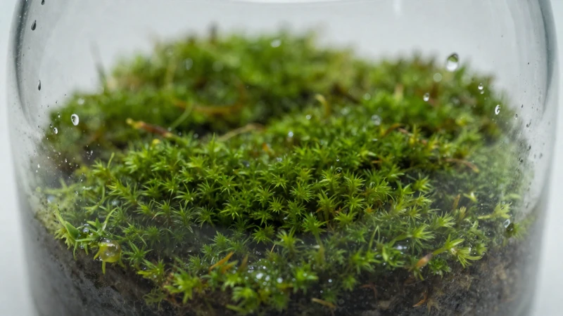 Terrario verde con gotas y luz suave