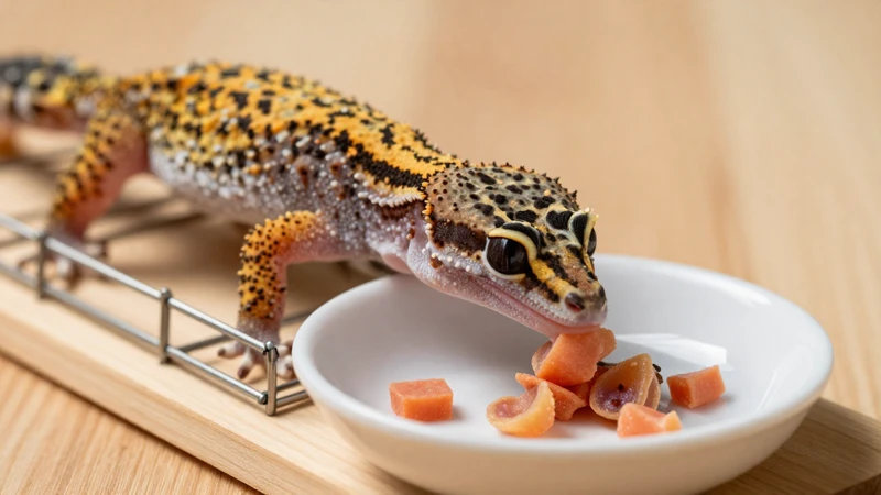 Gecko comiendo con luz cálida