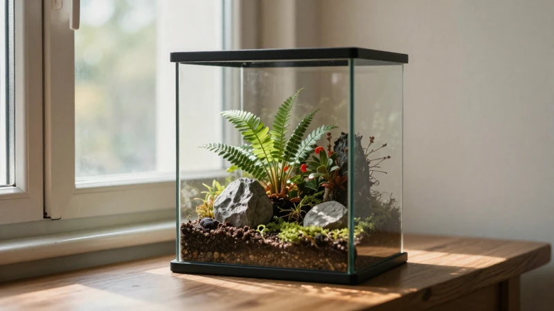 Terrario con luz cálida y sombras suaves