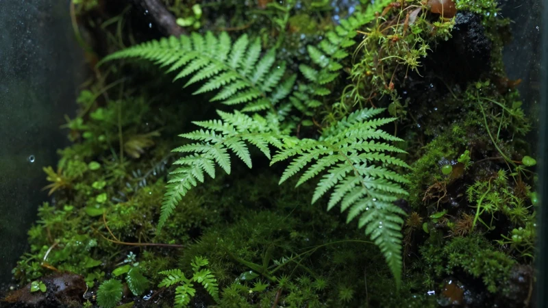 Bosque húmedo detallado con luz cinematográfica