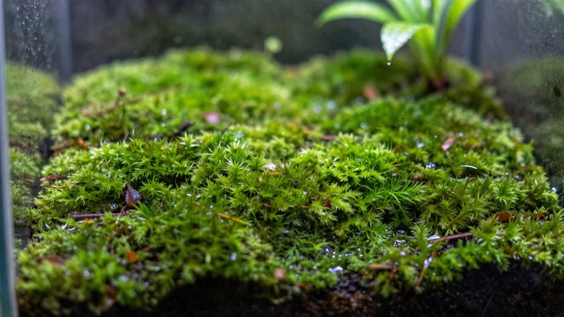 Primer plano de musgo y condensación en terrario