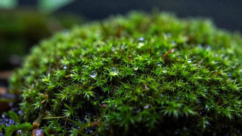 Musgo verde con gotas de agua
