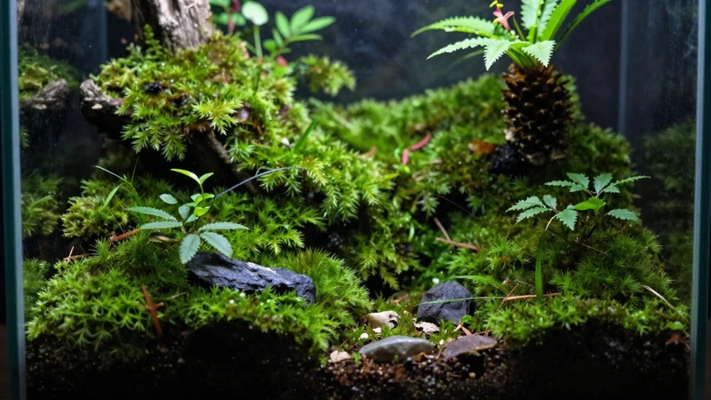 Terrario de musgo con luz suave