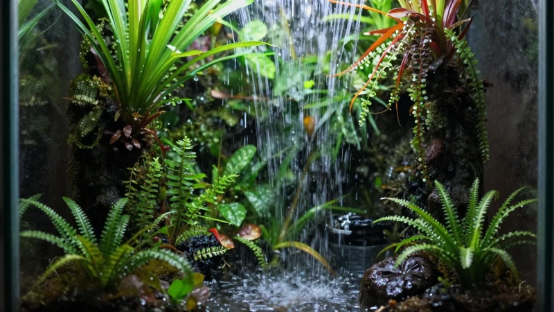 Terrario tropical con cascada y luz suave