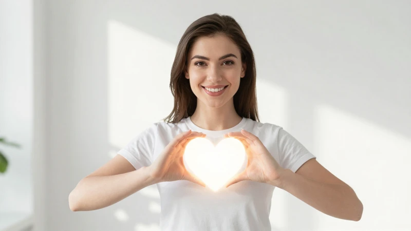 Mujer sonriendo con corazón brillante