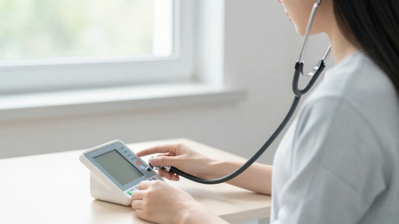 Mujer revisa signos vitales con estetoscopio