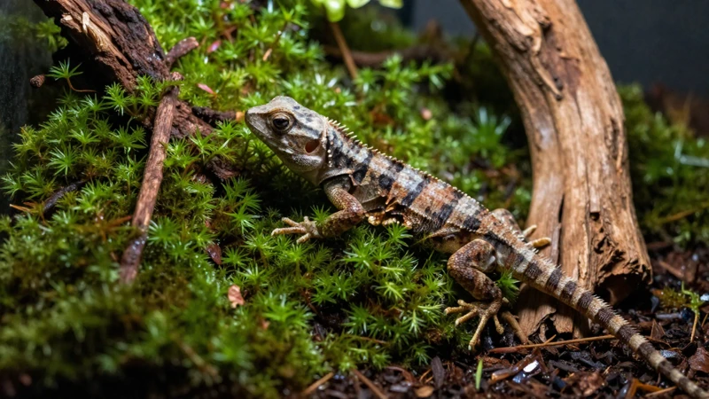 Reptil en terrario natural y boscoso