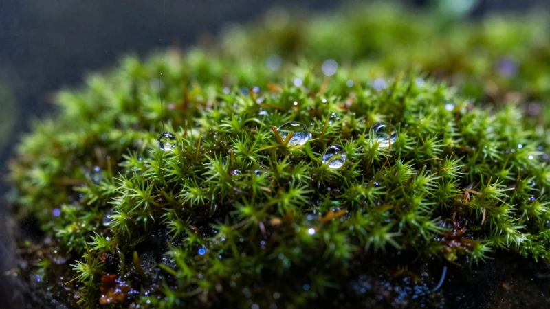 Detalle macro de musgo con gotas de agua