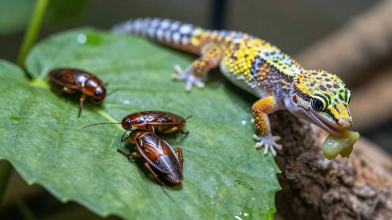 Gecko comiendo cucarachas en un terrario