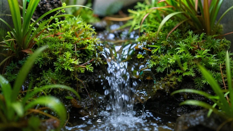 Terrario con cascada de musgo verde