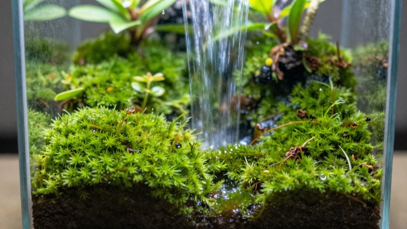Terrario verde con musgo y luz