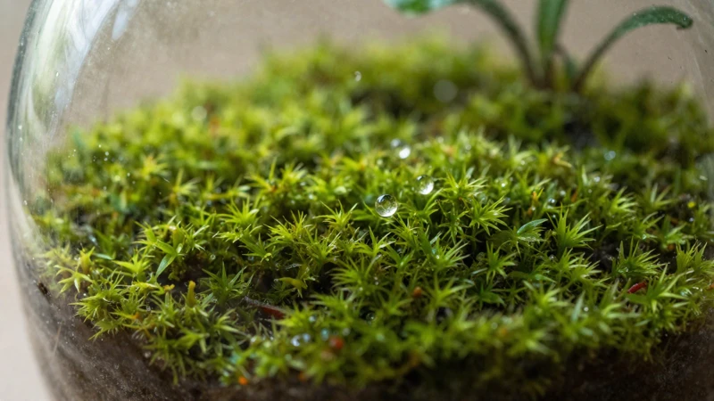 Terrario de musgo con gotas de agua