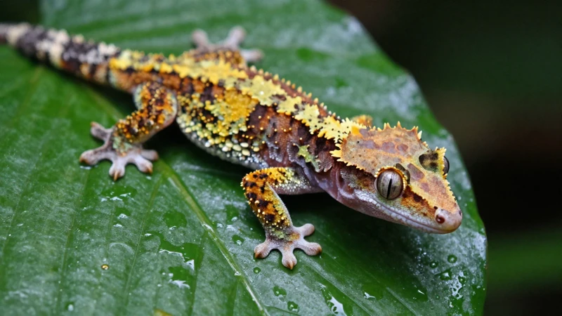 Gecko en follaje húmedo macro