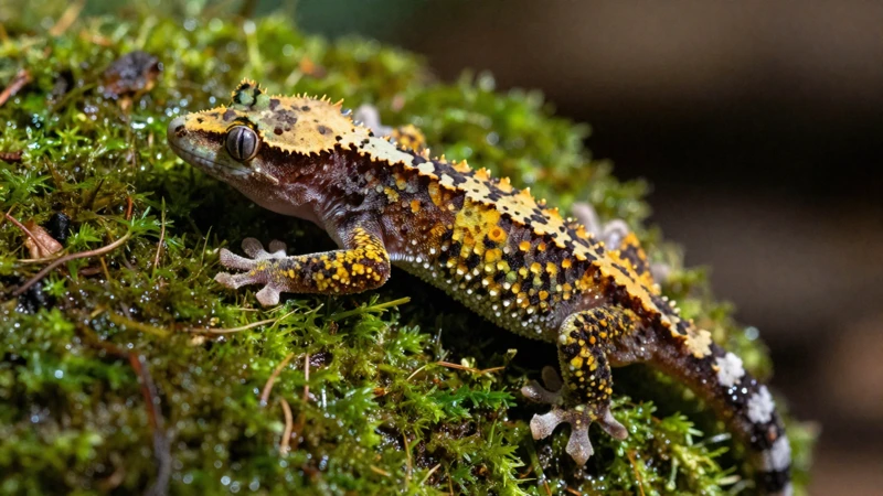 Gecko mojado en musgo con luz