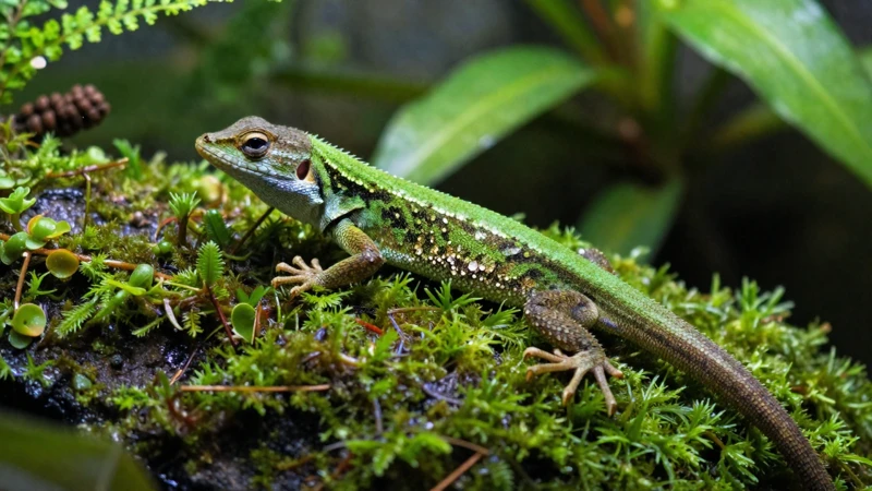 Macro detalle de anolis en terrario tropical