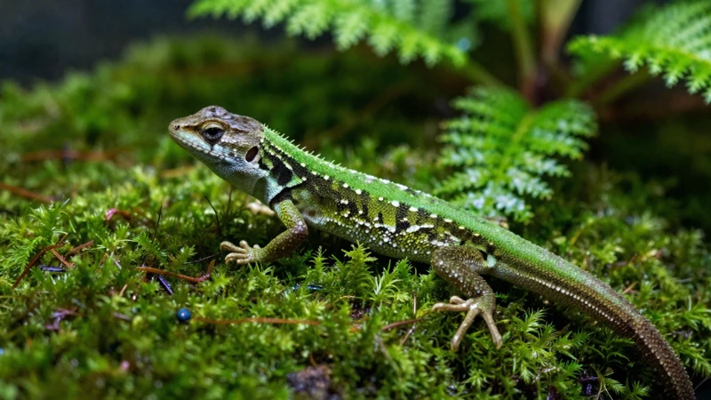 Anole en terrario de musgo detallado