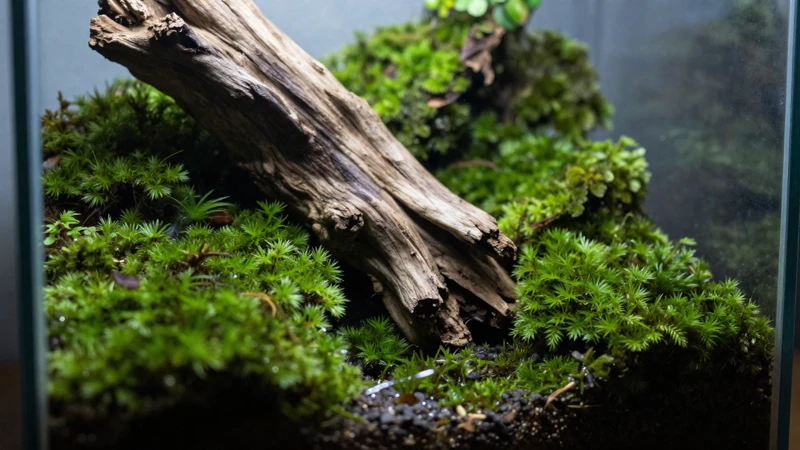 Terrario boscoso con luz suave y musgo