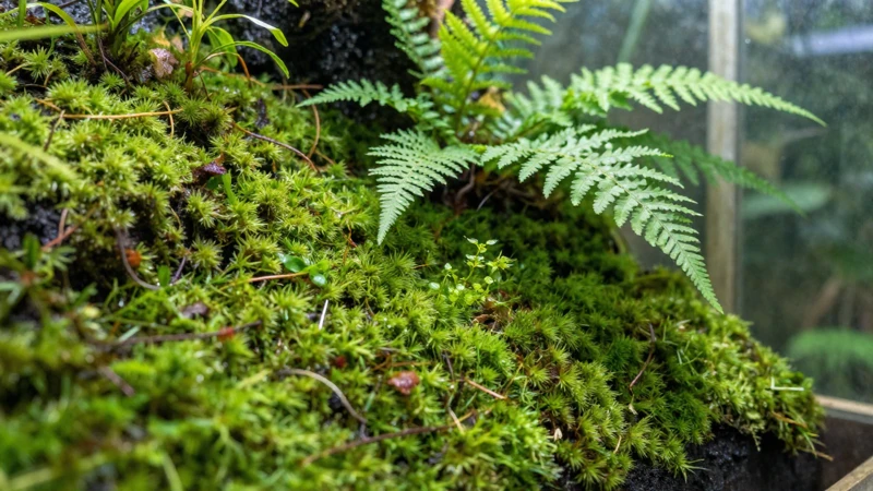 Terrario tropical detallado con luz suave