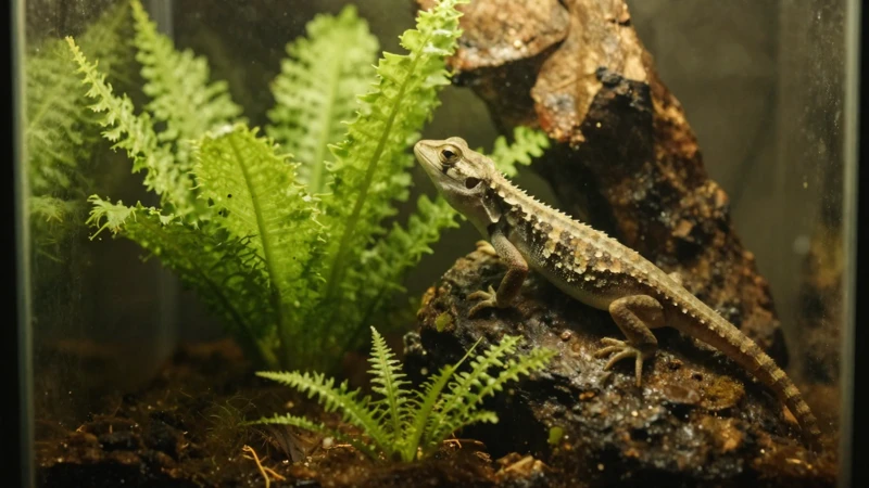 Terrario macro con lagarto y luz cálida