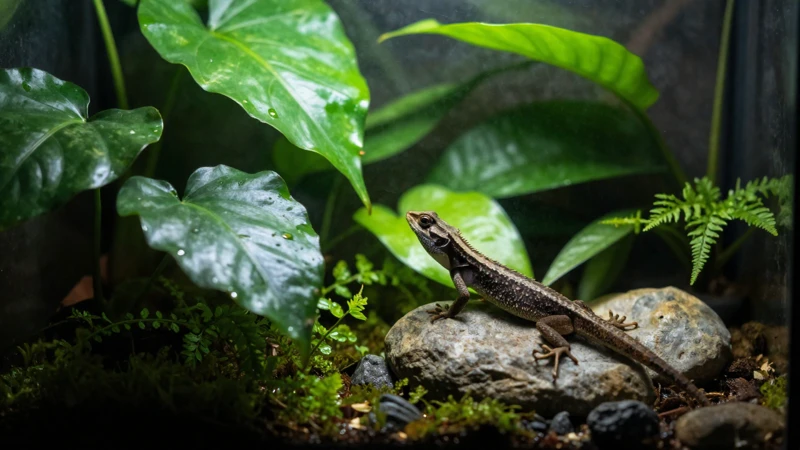 Lagarto en terrario verde con luz