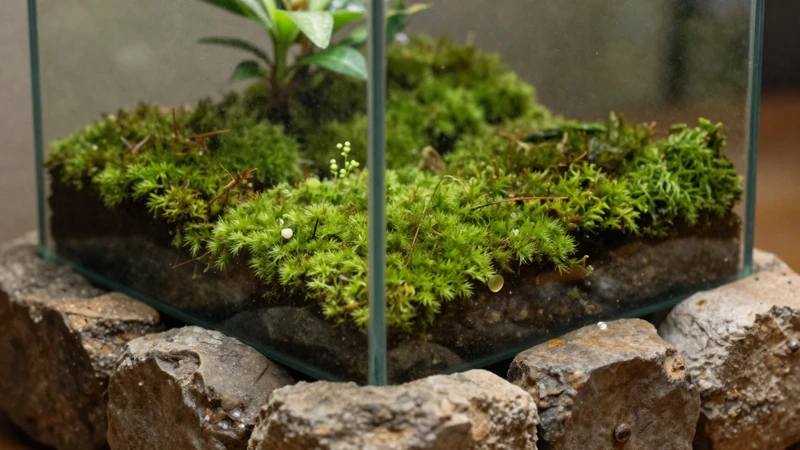 Macro de terrario de musgo y piedra