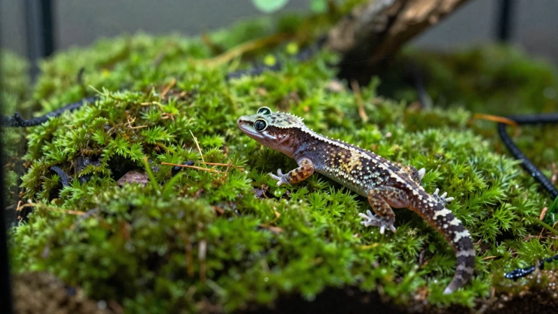 Gecko detallado en terrario de musgo