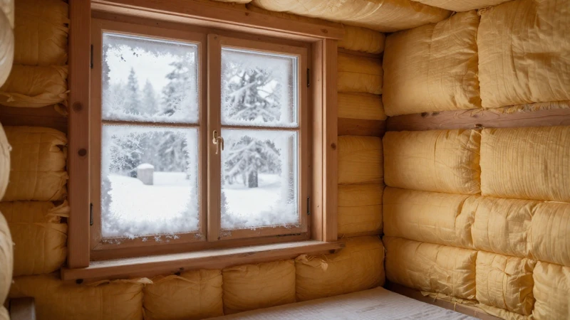 Interior cálido de madera con escarcha