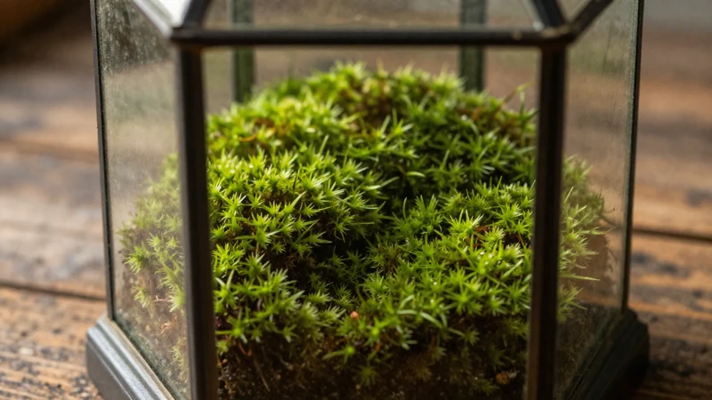 Terrario antiguo con musgo y luz cálida