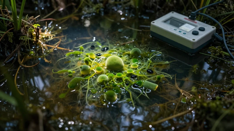 Bacterias flotando en agua oscura