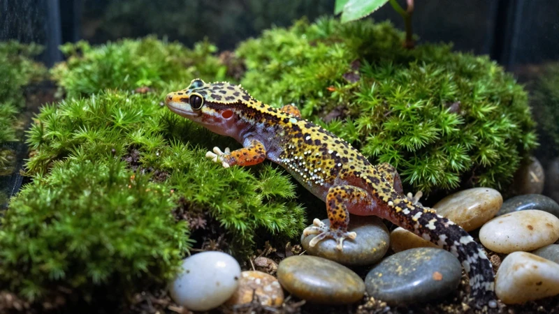 Gecko hermoso en su hábitat de terrario