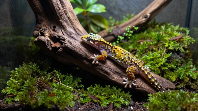 Gecko acogedor en un terrario natural