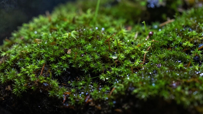 Terrario verde con musgo y gotas de agua