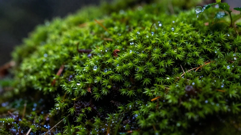 Detalle atmosférico de musgo verde mojado
