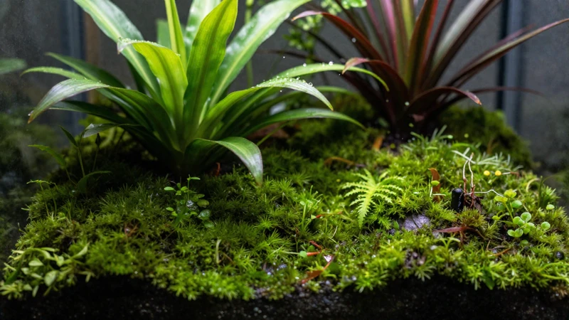 Terrario tropical de musgo y luz natural