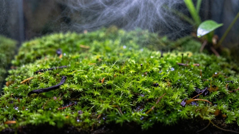 Terrario tropical verde con niebla