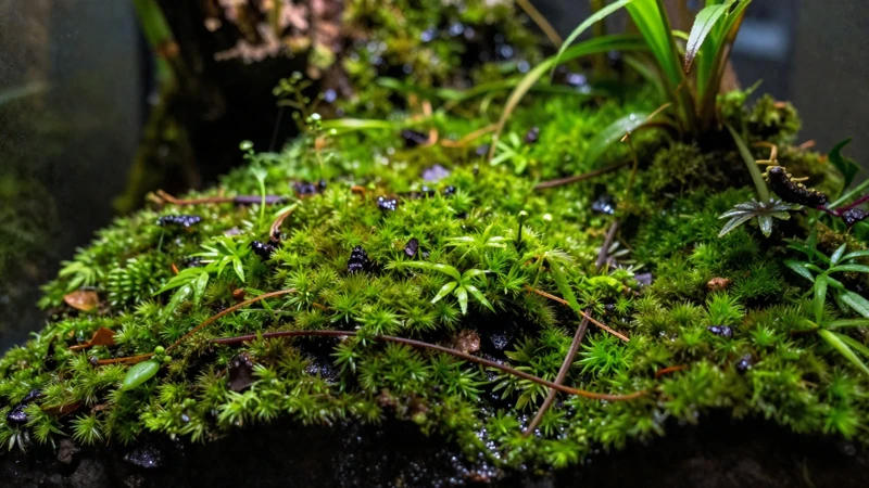 Terrario tropical con musgo y luz vibrante