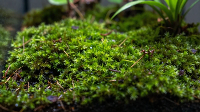 Detalle verde de un terrario con luz natural