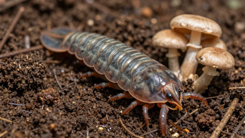 Detalle biológico de hongos e isopodos en tierra