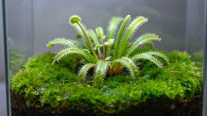 Drosera en terrario verde y húmedo