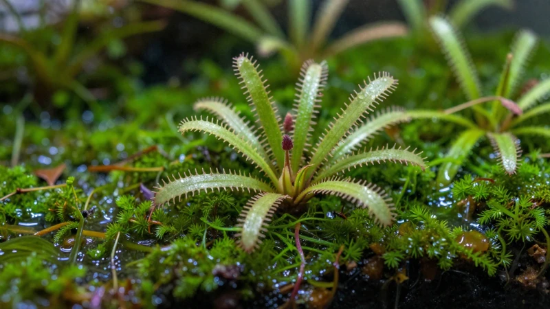 Detalle macro de Drosera en terrario