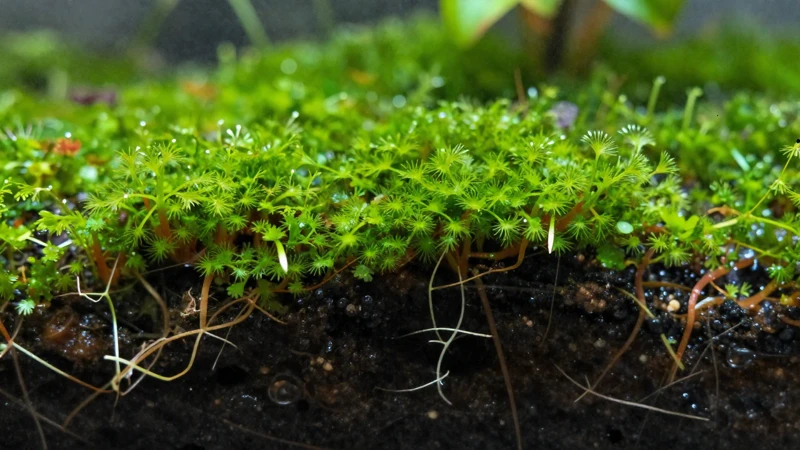 Raíces y algas verdes en terrario húmedo