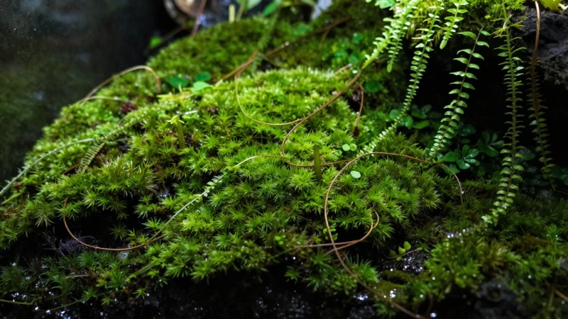 Terrario tropical verde con luz cinematográfica