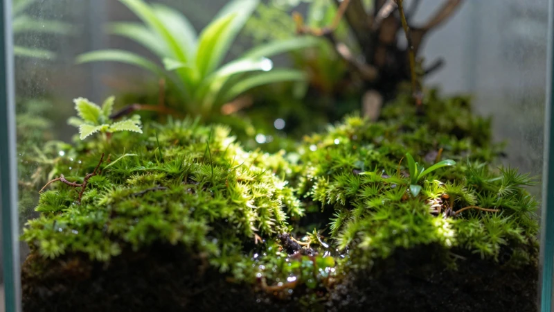 Detalle macro de un terrario verde con luz