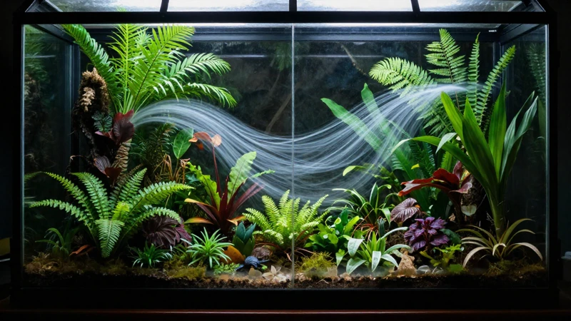 Terrario tropical educativo con luz dramática