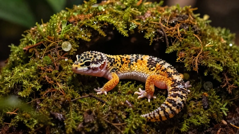 Gecko en musgo selvático detallado y cálido