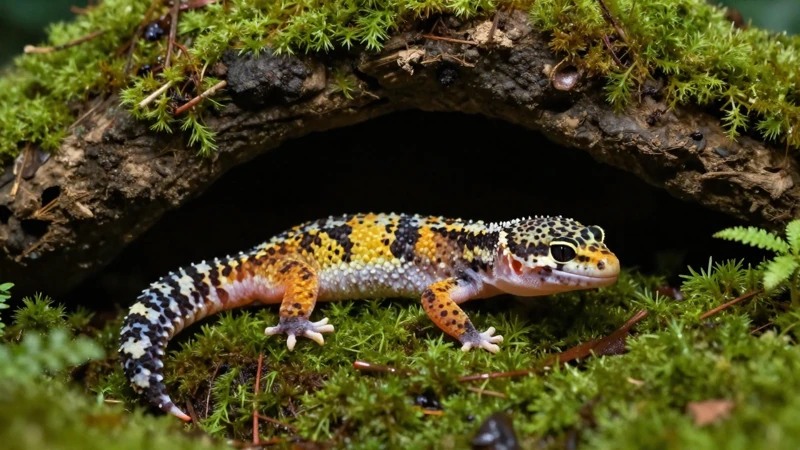 Lagarto en un escondite de musgo selvático